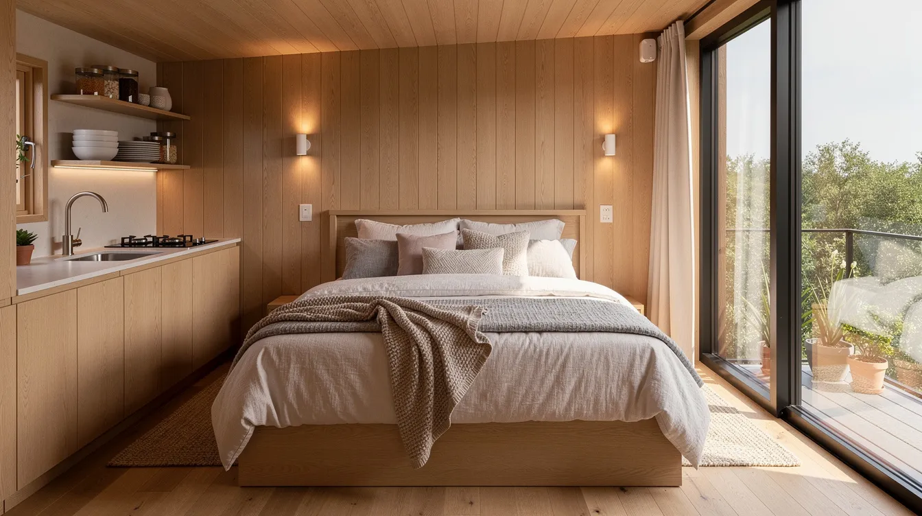 Abb5b1a7bbc24eb89e762764de0b5582 The image depicts a cozy tiny home interior featuring large windows that offer breathtaking views of nature a queen bed for a restful stay and a compact kitchen area fully stocked with kitchen utensils This inviting space is perfect for a quiet weekend getaway in West Virginia allowing guests to relax and enjoy their own privacy while exploring the beauty of Lost River State Park