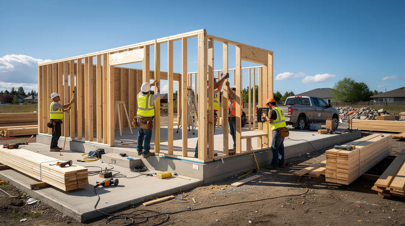 Ad127010106044ccb0f0dfdee924f854 Construction workers are busy framing a tiny house using wooden studs showcasing the early stages of building a cost effective and energy efficient home This small house project highlights the potential for tiny home living where many buyers seek to save money while embracing a sustainable lifestyle