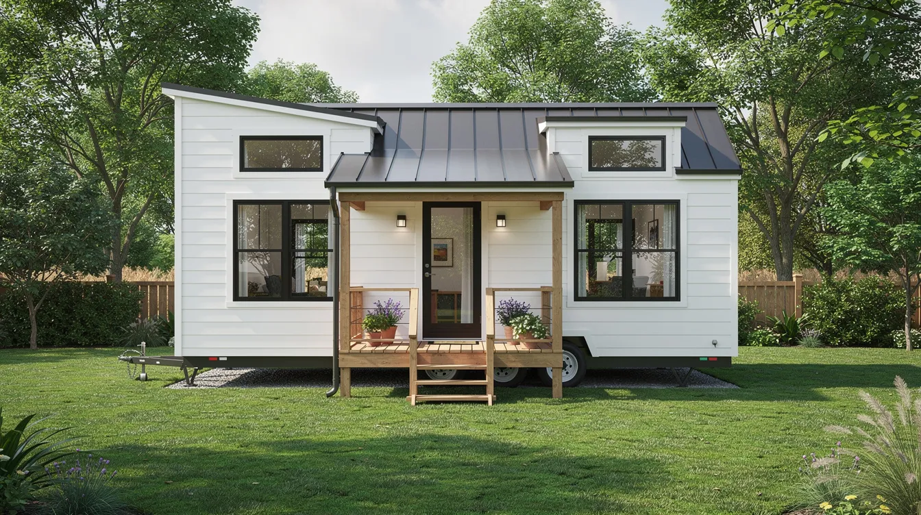 Af326b8798c74cb08c160f81c3bb13c2 A charming white tiny house with black framed windows and a metal roof sits in a lush green backyard featuring a cozy small porch that invites relaxation This picturesque setting highlights the beauty of tiny home living surrounded by nature