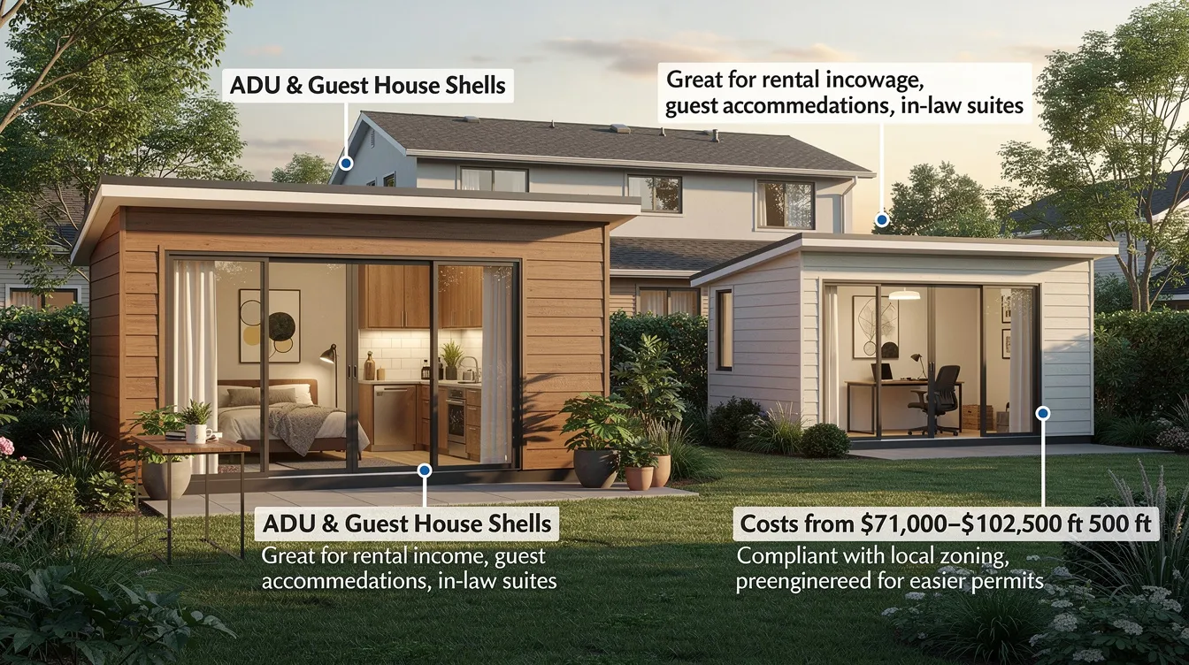 Af9a0a0ad7b44077bef18ac4812b6e6a The image showcases a variety of accessory dwelling unit ADU shells designed for homeowners looking to expand their living space affordably These tiny home shells feature finished exteriors allowing for easy customization with options for windows doors and roofing styles making them a perfect choice for rental income or guest accommodations