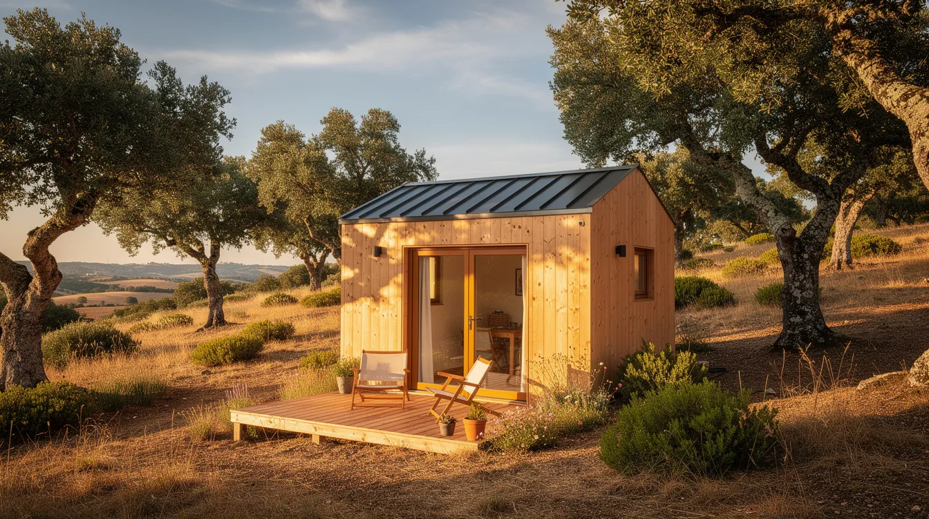 B18a2bc390114743a4b0f226336e9057 A charming tiny house made of natural materials is nestled among cork oak trees in the scenic Portuguese countryside featuring a small terrace that invites outdoor living This eco friendly home embodies the principles of tiny living offering a cozy retreat surrounded by nature