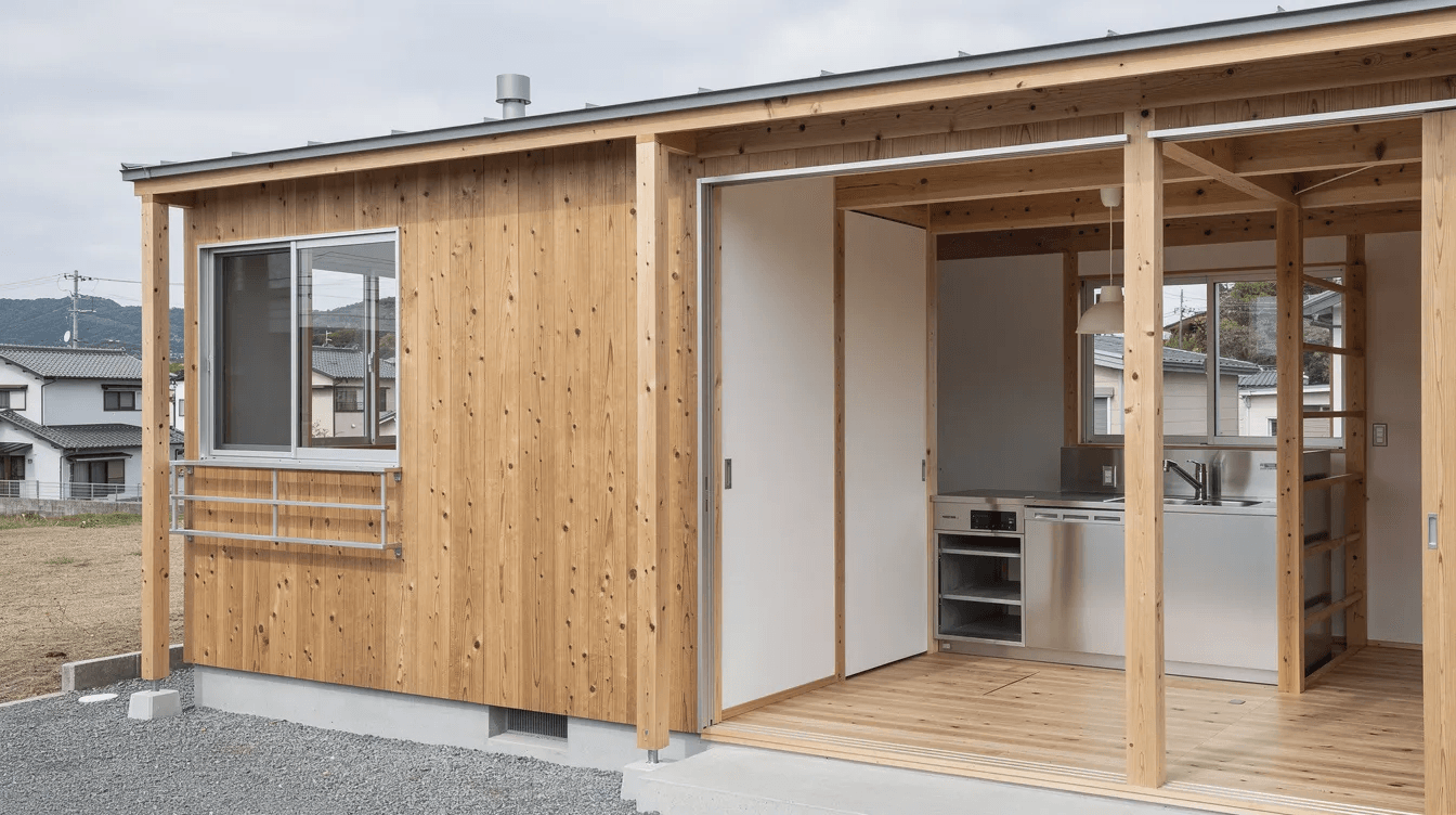 B32b5442dd02460989a01464965253a3 The image depicts a serene Japanese small house in Kanagawa characterized by its warm cypress wood structure and simple rectangular volume The thoughtful design integrates indoor and outdoor spaces allowing natural light to fill the living area while showcasing contemporary features that maximize the limited space