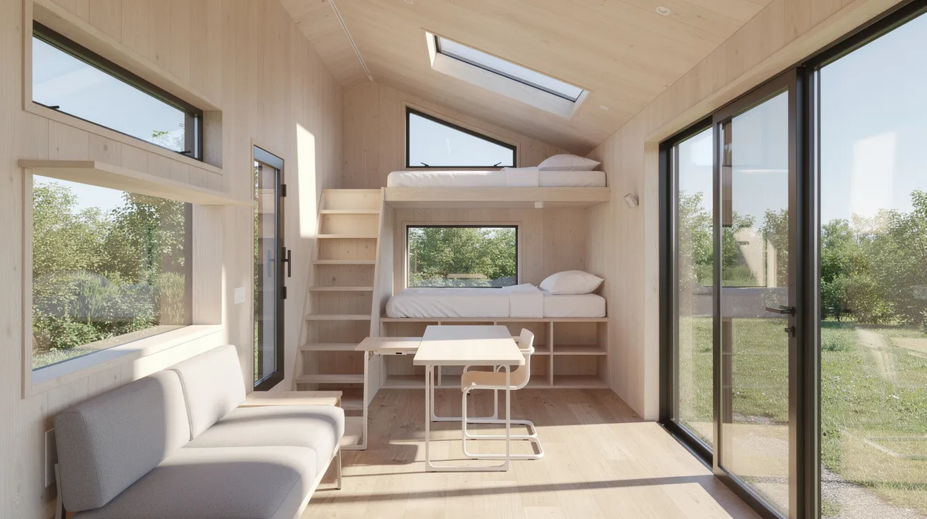 B460fbc7439a4f13929f00bf71529f33 The image showcases the interior of a light filled tiny house highlighting natural lighting strategies with large windows and a skylight that enhance the living space The wooden walls and functional furniture create a cozy atmosphere while the compact kitchen and bathroom offer efficient storage solutions for tiny living