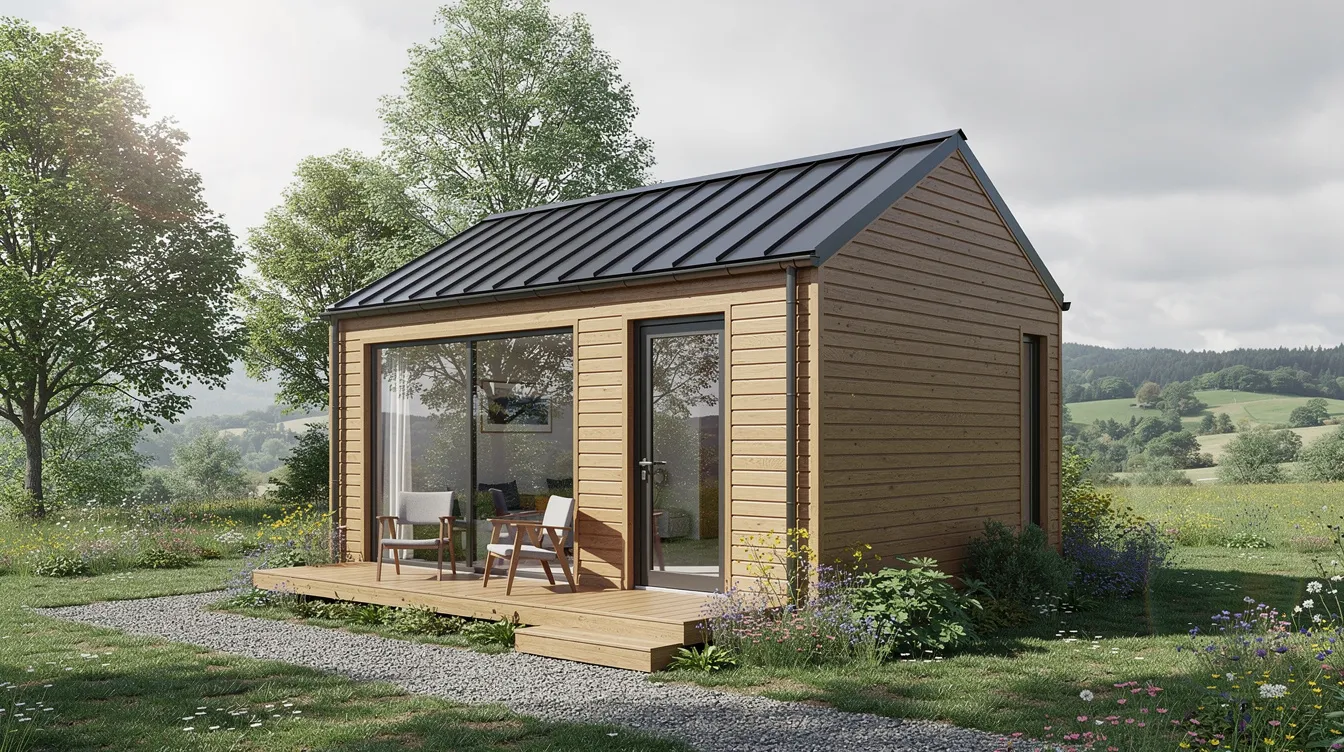 B4c039a96c6a406bbfa43bb606c395b1 The image shows a modern tiny house with attractive wood siding and a sleek metal roof nestled in a lush green landscape creating an ideal and comfortable setting for a family or guests This nativo tiny house blends seamlessly with nature providing a quiet retreat perfect for pets and relaxation