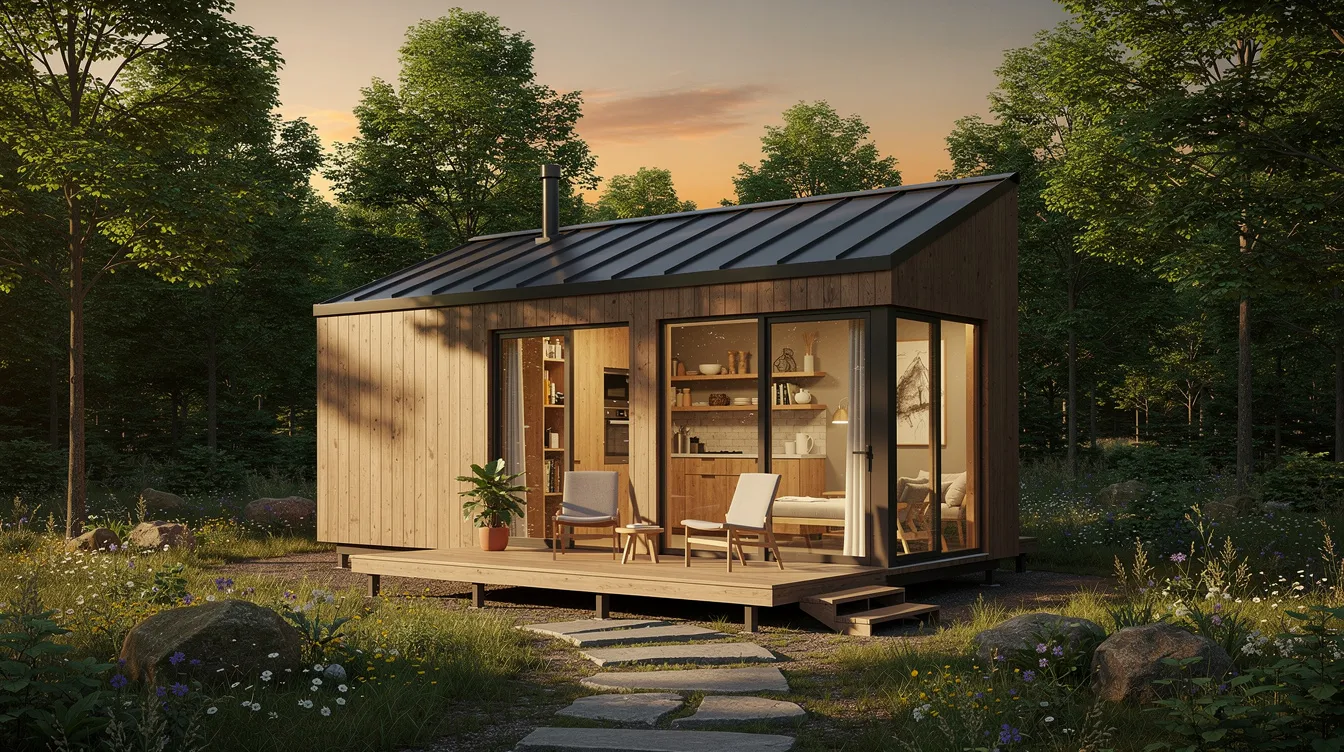 B5033971fc564bd5917b491be11039d6 The image depicts a luxurious tiny home featuring a cozy bedroom with accent walls and a massive skylight that allows natural light to flood the space Guests can enjoy a complete coffee bar a two person jacuzzi and a full bathroom equipped with a rain shower making it the perfect intimate getaway for relaxation