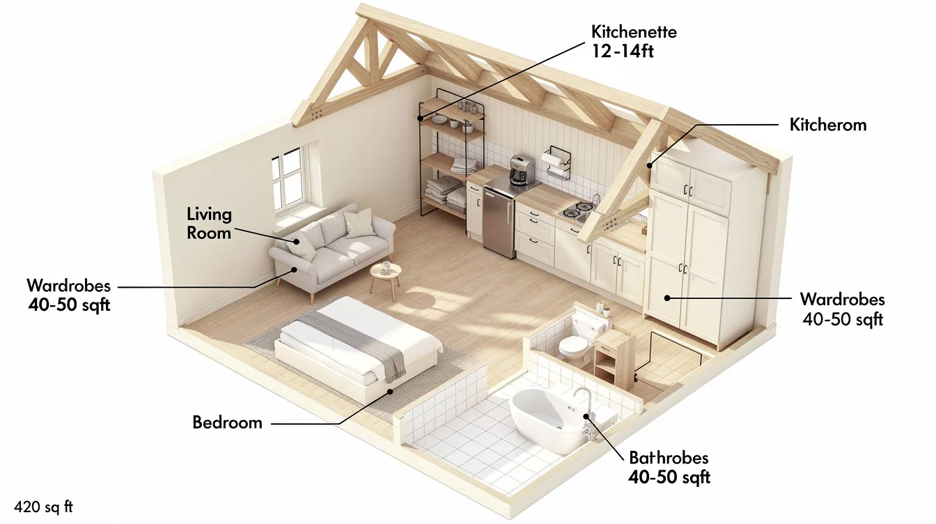 B540b66f6c9b42e38c8dbda5646ede03 This image depicts a cozy fairytale cottage with a vaulted living room that peaks at 1214 feet featuring a wall hugging kitchenette and a snug bedroom with built in wardrobes for ample storage The single story design creates a charming and efficient living space perfect for those seeking a tiny home lifestyle