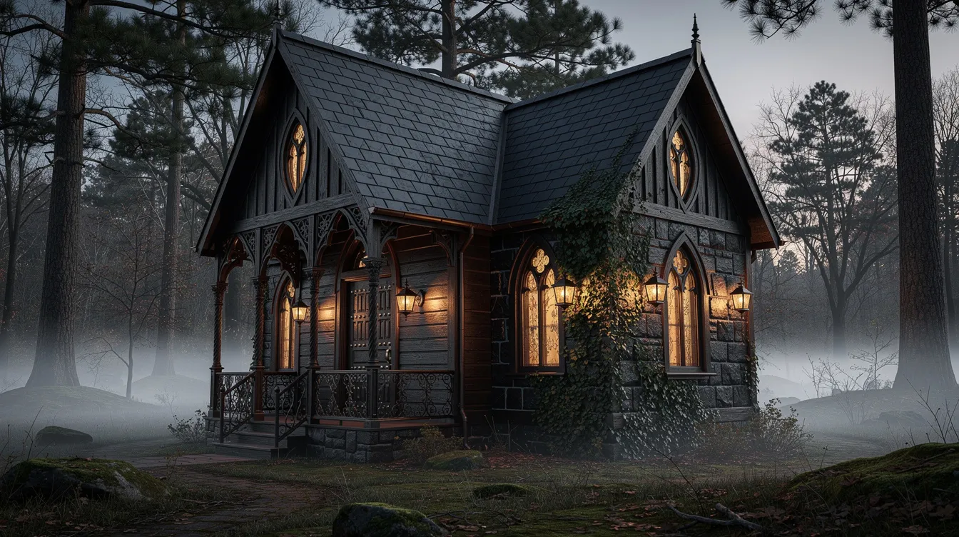 B581bf47b3a4445bb6f6888a6ff0bfc4 A beautifully designed gothic tiny home showcases intricate architectural details with large windows allowing natural light to fill the cozy interior space The HDR photo quality highlights the unique features of this tiny house providing inspiration for those looking to create their own charming retreat