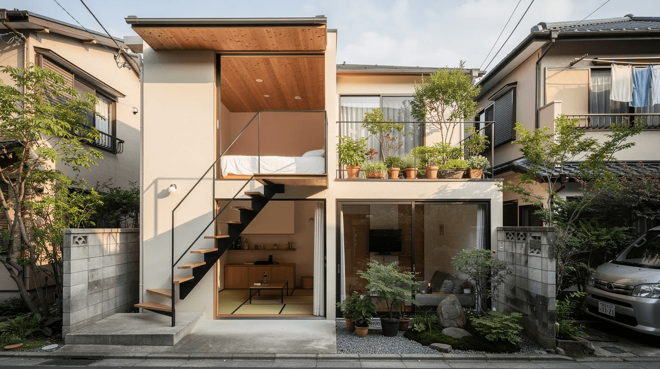 B60a9d1cbfae4898992c6994d71ae449 The image depicts a charming tiny house in Tokyo nestled in a back alley featuring two carved out courtyards that enhance natural light and privacy The design includes a flexible ground floor tatami room for work and reading while the main living space on the second floor opens to the courtyard through sliding glass doors seamlessly blending the interior with the surrounding gardens
