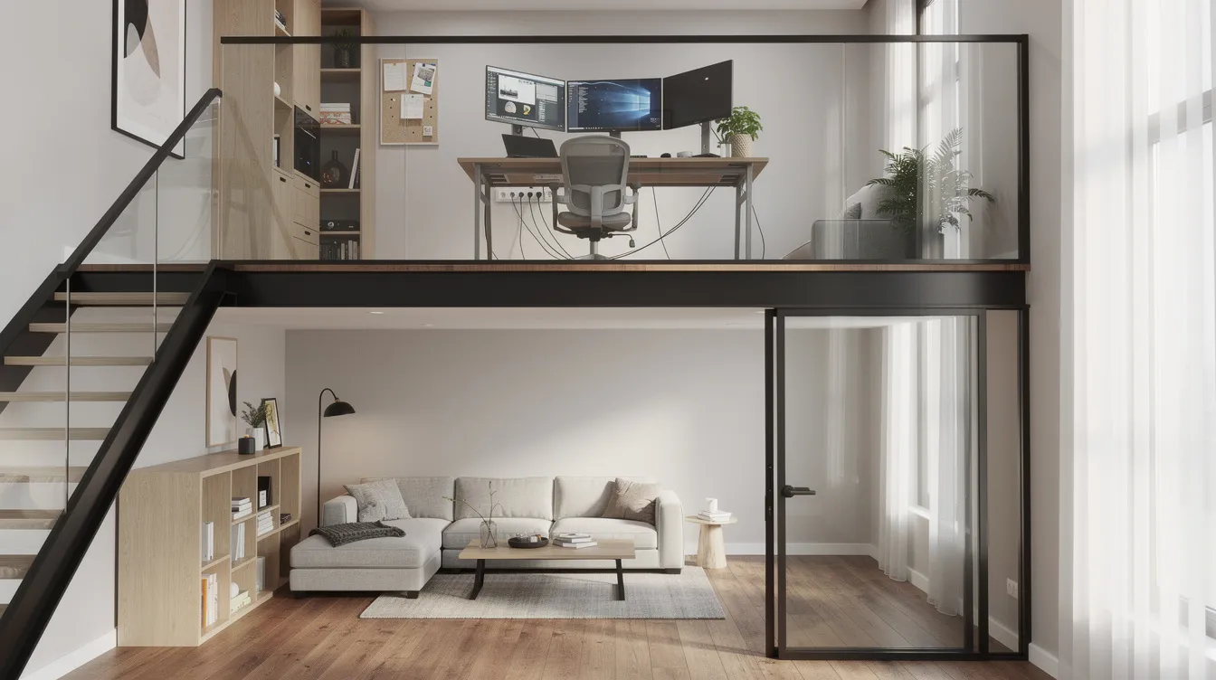 B624d03088314be7a63f6006fe43d017 The image features a tiny timber frame house with a loft office above the main living area showcasing large windows and exposed beams that enhance the space's natural light and openness. This dedicated work area is designed for remote work, providing a peaceful separation from the rest of the home while maintaining a connection to nature through its inviting exterior and covered porch.