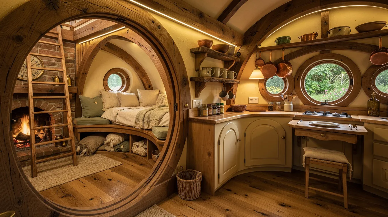 B62530e1e2fe442b90073c240df1aef9 The image depicts the cozy interior of a tiny house hobbit featuring warm cream and sage green tones reclaimed oak beams and a circular door that leads into a living area A built in bench with storage a galley kitchen with copper accents and a loft bed create a unique design that feels both magical and welcoming reminiscent of a Shire like dwelling