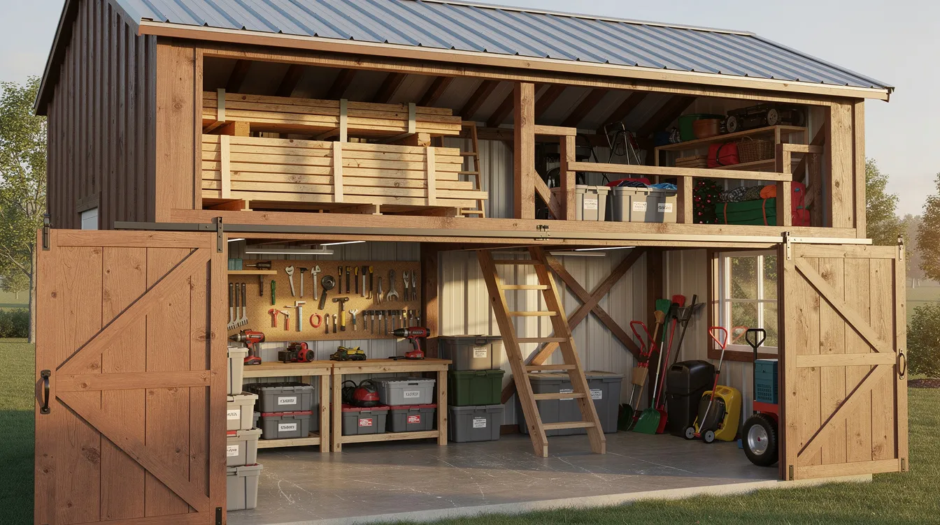 B6c536d38d434b8eba12db2213a094db The image depicts a lofted storage cabin with a gable roof featuring a main floor for easy access to tools and equipment while an upper loft provides additional storage space for seasonal items This portable cabin building is designed to maximize vertical space making it an ideal solution for workshops and hobbyists seeking organized storage and functional workspace