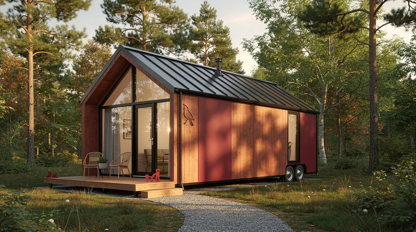 Ba074921ebfd47e28bf1ff2eb5ba4216 The image showcases a cardinal tiny home featuring a modern exterior with large windows that create a warm and inviting atmosphere Inside the thoughtfully designed abode includes a cozy living area a master bedroom with a walk in closet and a fully equipped kitchenette all efficiently utilizing the 399 sq ft space for a minimalist lifestyle