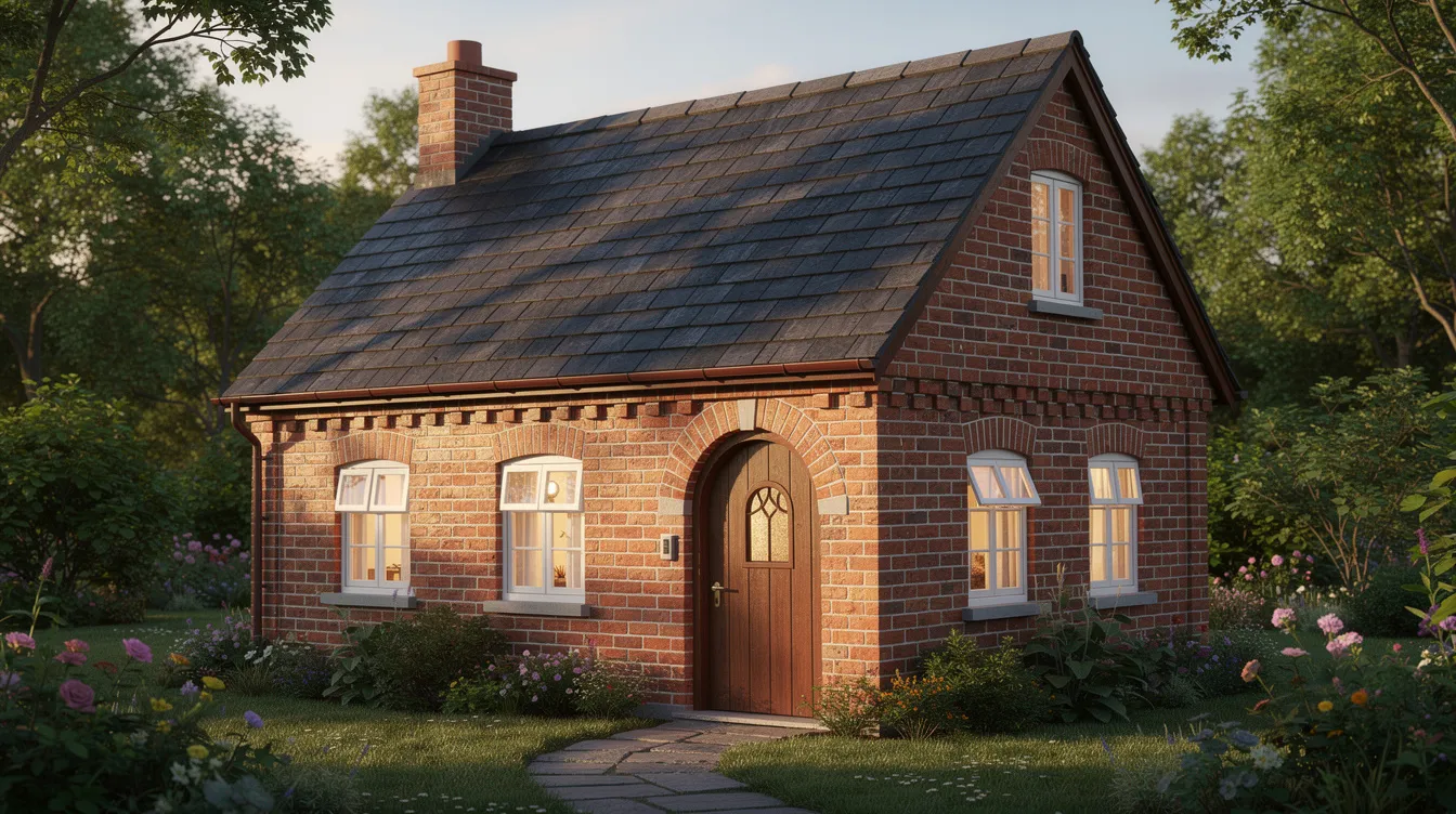 Bad46876b9ab4261910e7028219bc1fe The image depicts a charming traditional red brick cottage approximately 320 sq ft featuring a gable roof and an arched doorway exuding storybook charm This tiny house design emphasizes a warm and inviting exterior perfect for those seeking a cozy and practical living space