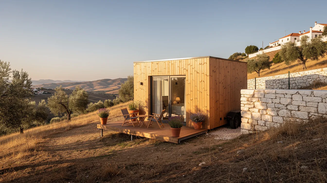 Bb433c3683754343a515263ad1c187a7 A charming tiny house in Portugal constructed with eco friendly materials showcases a blend of modern design and natural elements nestled among lush trees This mobile home features solar panels for energy efficiency and offers a cozy space for living ideal for those embracing the tiny living lifestyle
