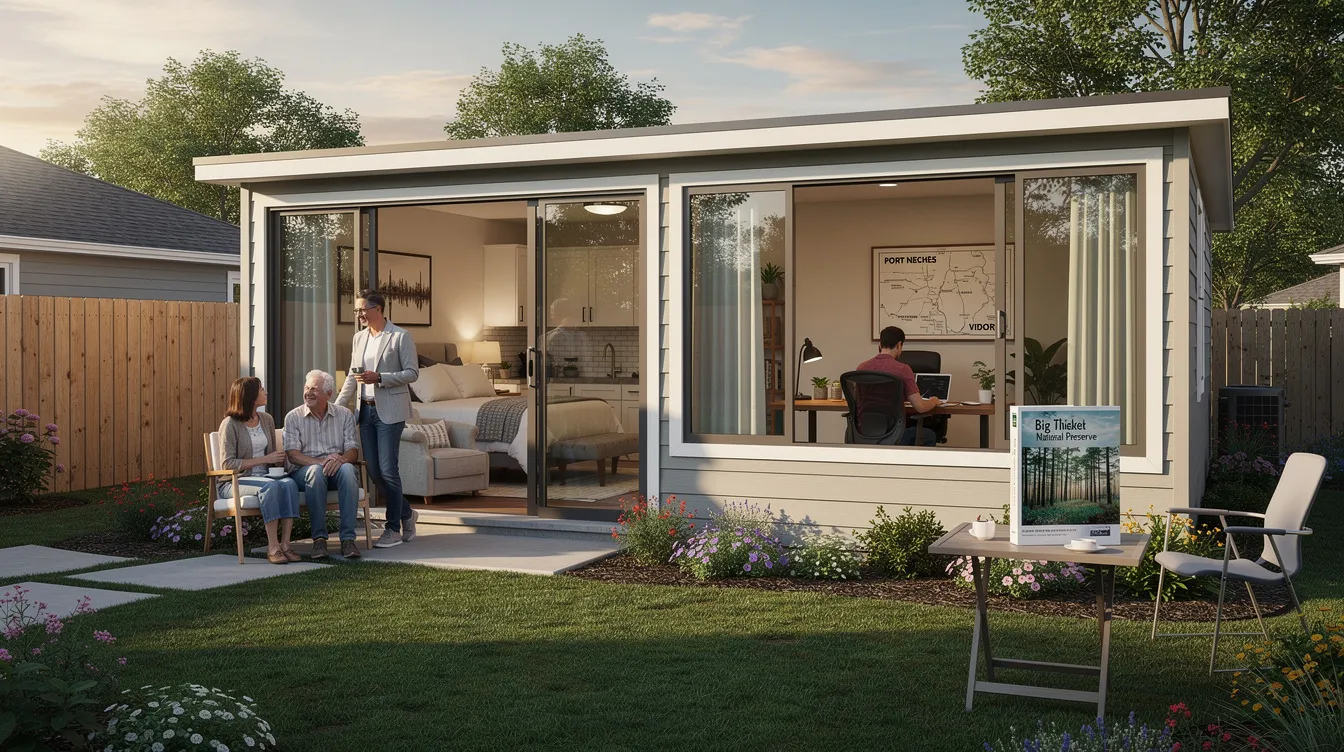 Bc1020e182d84b6d952eb8d1ac58bda5 The image depicts a charming backyard accessory dwelling unit ADU designed for multi generational living in Beaumont Texas This tiny home features a welcoming guest house ambiance perfect for visitors exploring nearby Big Thicket National Preserve while also providing a functional space for remote workers seeking a quiet home office