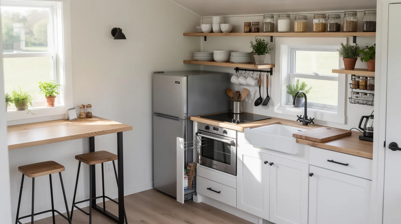 Bd2e71d829d94de3b39279c9791a1e81 The image showcases a cozy tiny house kitchen featuring efficient storage solutions and multifunctional furniture that maximize counter space Essential appliances like a kitchen sink refrigerator and food processor are neatly arranged creating a clutter free environment ideal for tiny home living