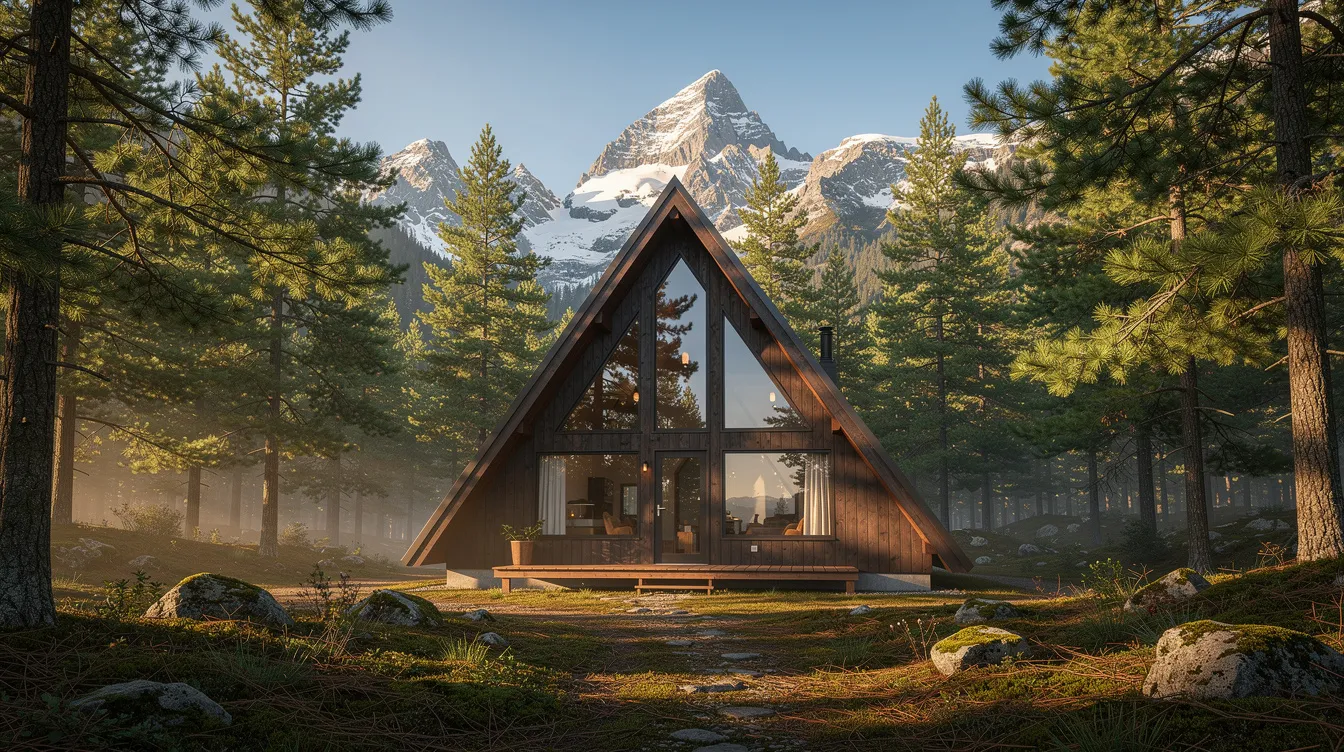 Bd4478f18b874551b1c070a9c6ce7a41 A cozy A frame cabin with a wooden exterior is nestled among tall pine trees in a picturesque mountain setting The cabin features large windows that invite natural light into the living space enhancing the inviting atmosphere of this tiny home