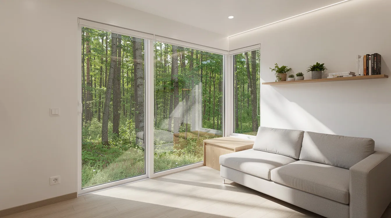 Bd8e4a5a60c24abe9264eec70bdc05a6 The image showcases a modern tiny home interior featuring white walls and high ceilings that create an airy atmosphere Floor to ceiling windows allow natural light to flood the living space offering a stunning view of the surrounding trees enhancing the cozy and functional design of this small house