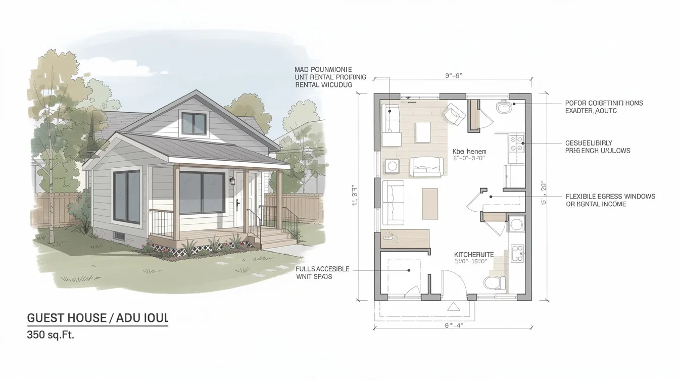 Bdbb4250da9b48c880a0020d79be19ae The image depicts a stylish guest house and ADU cottage designed for compact living showcasing a small footprint of 200 500 sq ft This self contained unit features a private entrance flexible layouts and amenities suitable for elderly parents or as a rental income opportunity on a larger property