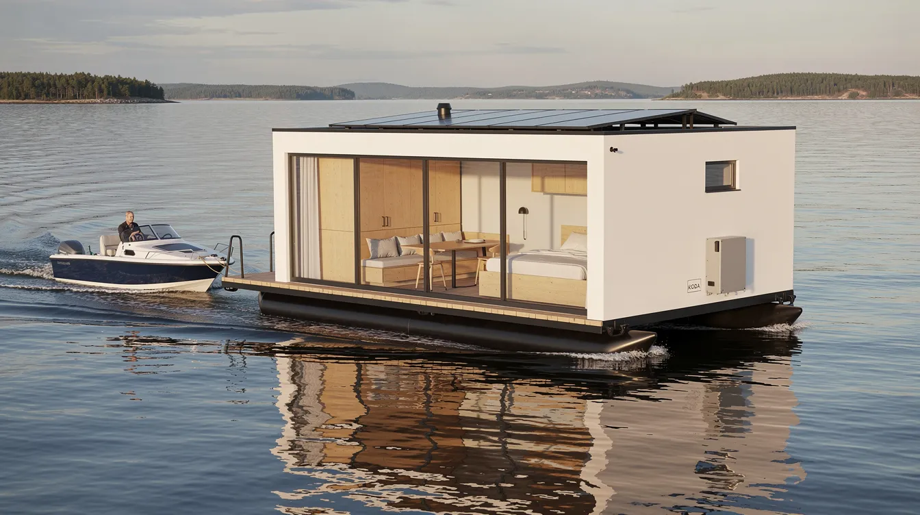 Bea1fe0deed846b0ad4ea2333722a3aa The KODA Float is a modern prefabricated tiny home designed to float on water featuring a versatile interior with a double bed and living area all constructed with premium materials for optimal insulation This 269 square foot structure boasts large windows that fill the space with natural light making it an ideal vacation home for water lovers seeking flexible living solutions