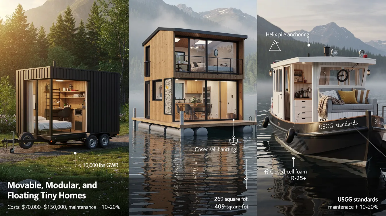 Bef3861a4b1643e590bb20f4bbbc5350 The image showcases a collection of movable tiny houses including a modular cabin designed by Studio Puisto Architects and a prefab floating home both emphasizing innovative designs for flexible living spaces These tiny homes feature natural light custom furniture arrangements and cozy interiors demonstrating the incredible possibilities of the tiny house movement