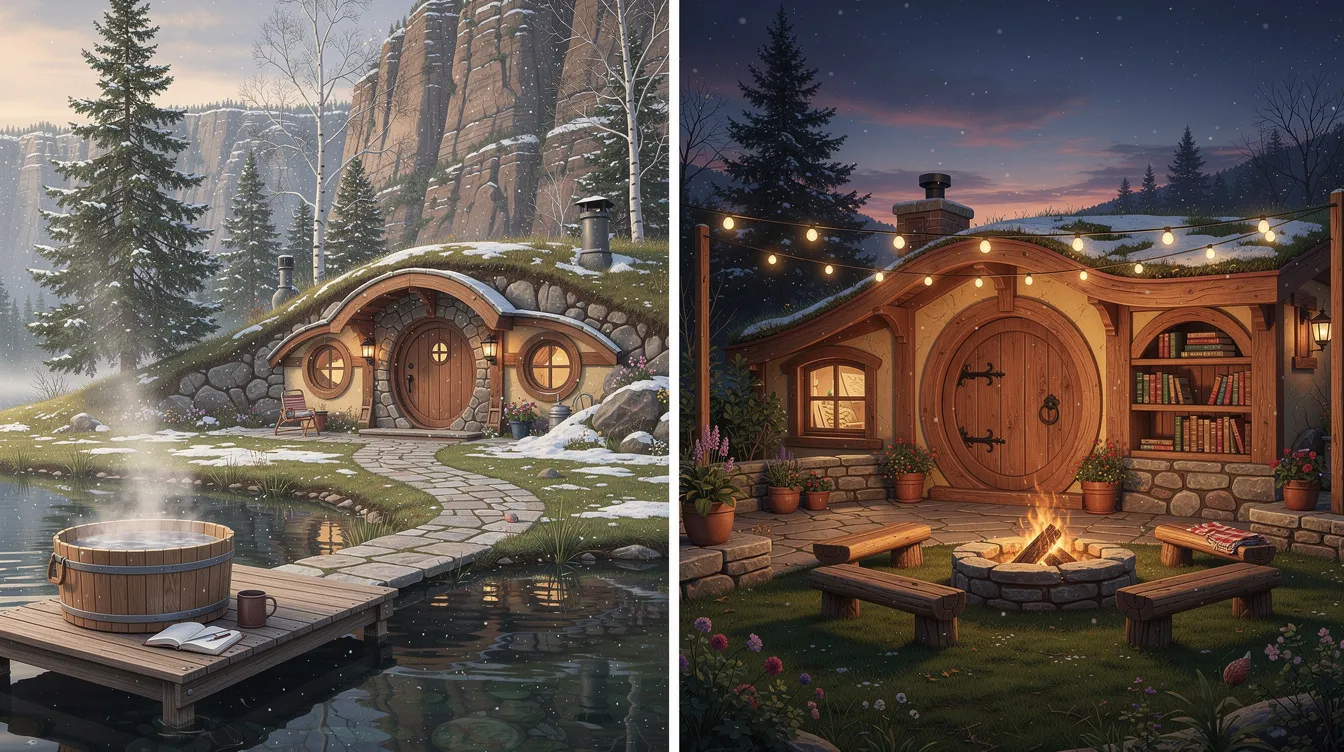 Bf11947813b84f4f89211a2c91151317 The image depicts a charming hobbit house nestled in a picturesque landscape featuring a circular door and a mossy roof that blends seamlessly with its natural surroundings This tiny home designed for comfort and eco friendliness showcases unique architecture and serves as a cozy retreat for guests seeking an unforgettable experience in the great outdoors