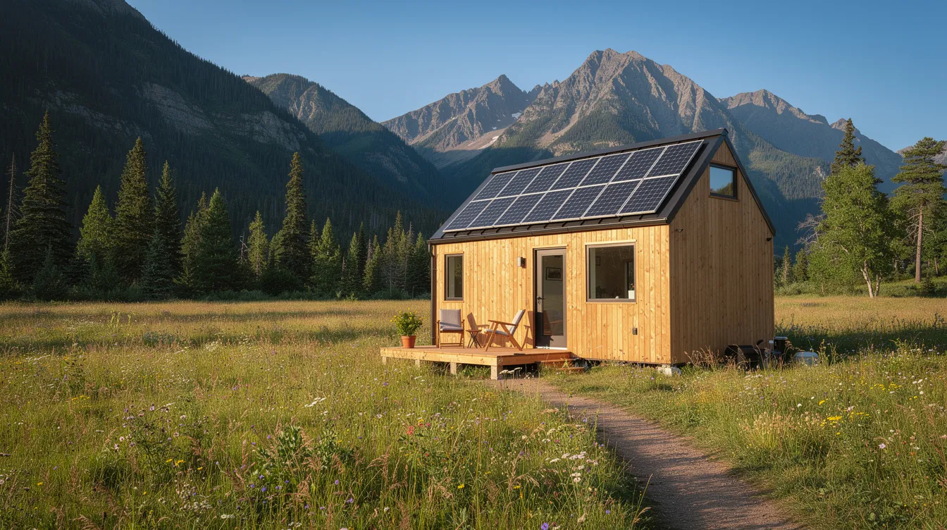 C3abc50c8aa64606a4a2902ad07940f3 The image depicts a beautifully crafted off grid tiny home nestled in a picturesque mountain meadow complete with solar panels This dream tiny home showcases premium materials and attention to detail embodying the eco friendly lifestyle of the tiny home movement