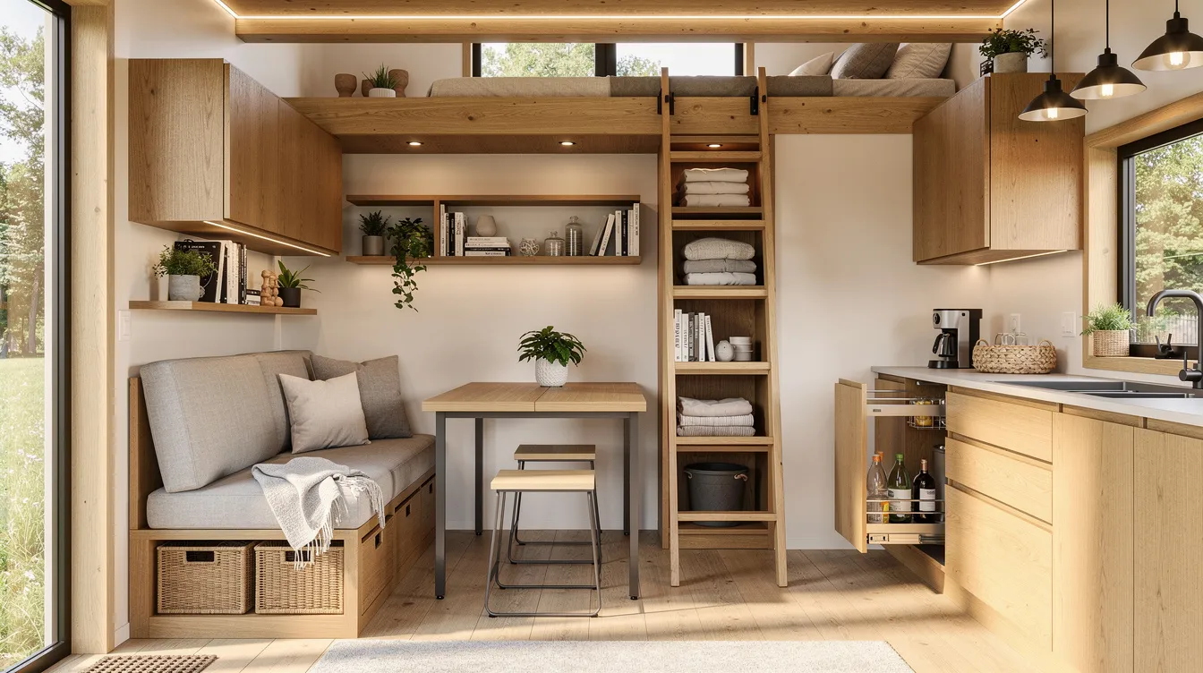 C3ceb82b6b8e488b86da077ed54c0bdd The image showcases a well organized tiny house interior featuring clever storage solutions and warm wood finishes that create a cozy living space Natural light floods the area highlighting multifunctional furniture and hidden storage options embodying the essence of efficient tiny house living