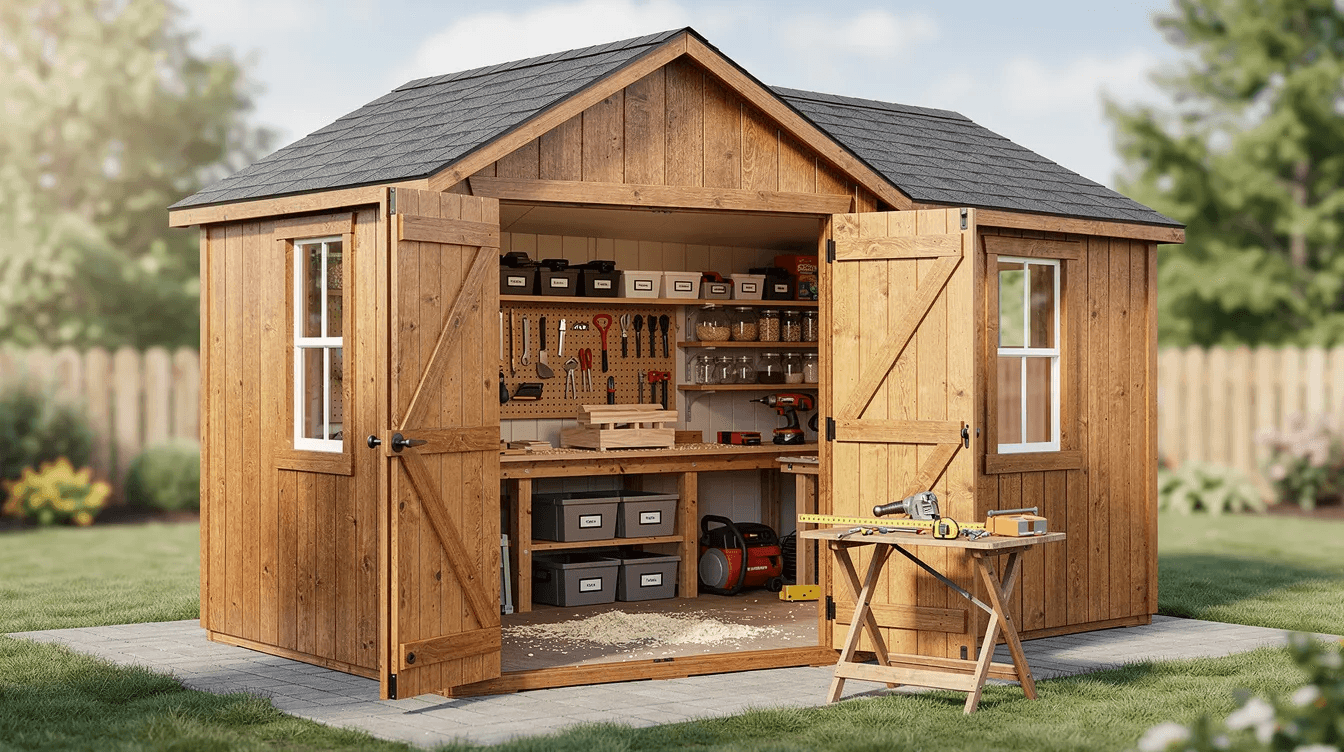 C5c8ed191aa04de4beb1cc402fb9940f The image shows a completed wood shed from the Tuff Shed Sundance Series functioning as a backyard workshop with its doors wide open inviting in natural light The professionally installed shed features organized tools and workspace highlighting its utility for DIY projects