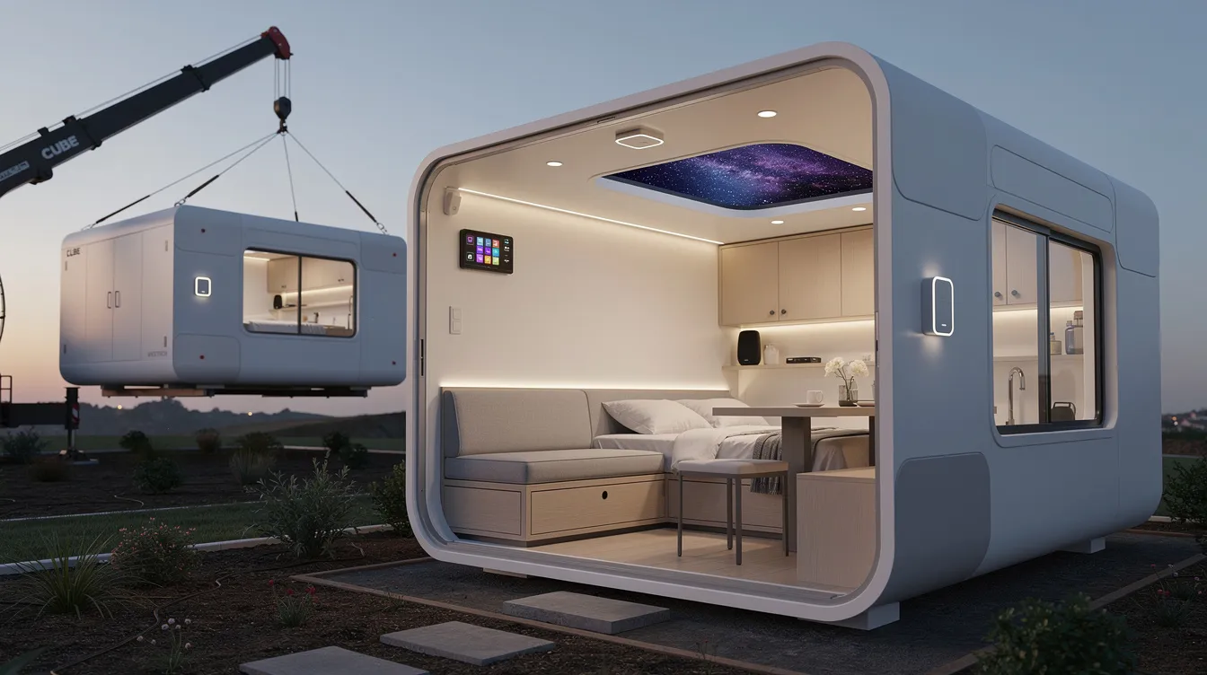 C60d74a35fbb444596f5b592fee9c9c0 The image showcases the Cube Two by Nestron a fully furnished tiny house featuring a unique skylight that enhances the living space with natural light and a connection to the outdoors This 328 square feet smart home is designed for tech enthusiasts offering a plug and play solution with integrated technology and a cozy interior ready for immediate occupancy