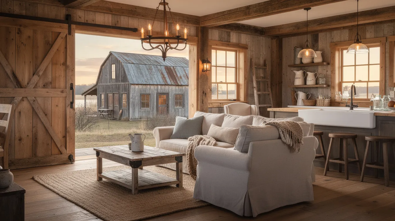 C933f992f2d74ee5b858fd2f68011c81 The image showcases a cozy rustic farmhouse interior featuring reclaimed wood accents large windows that invite natural light and a charming living space with a coffee table and open shelving The design includes functional elements like a farmhouse sink and sliding barn doors creating a warm and inviting atmosphere perfect for family gatherings