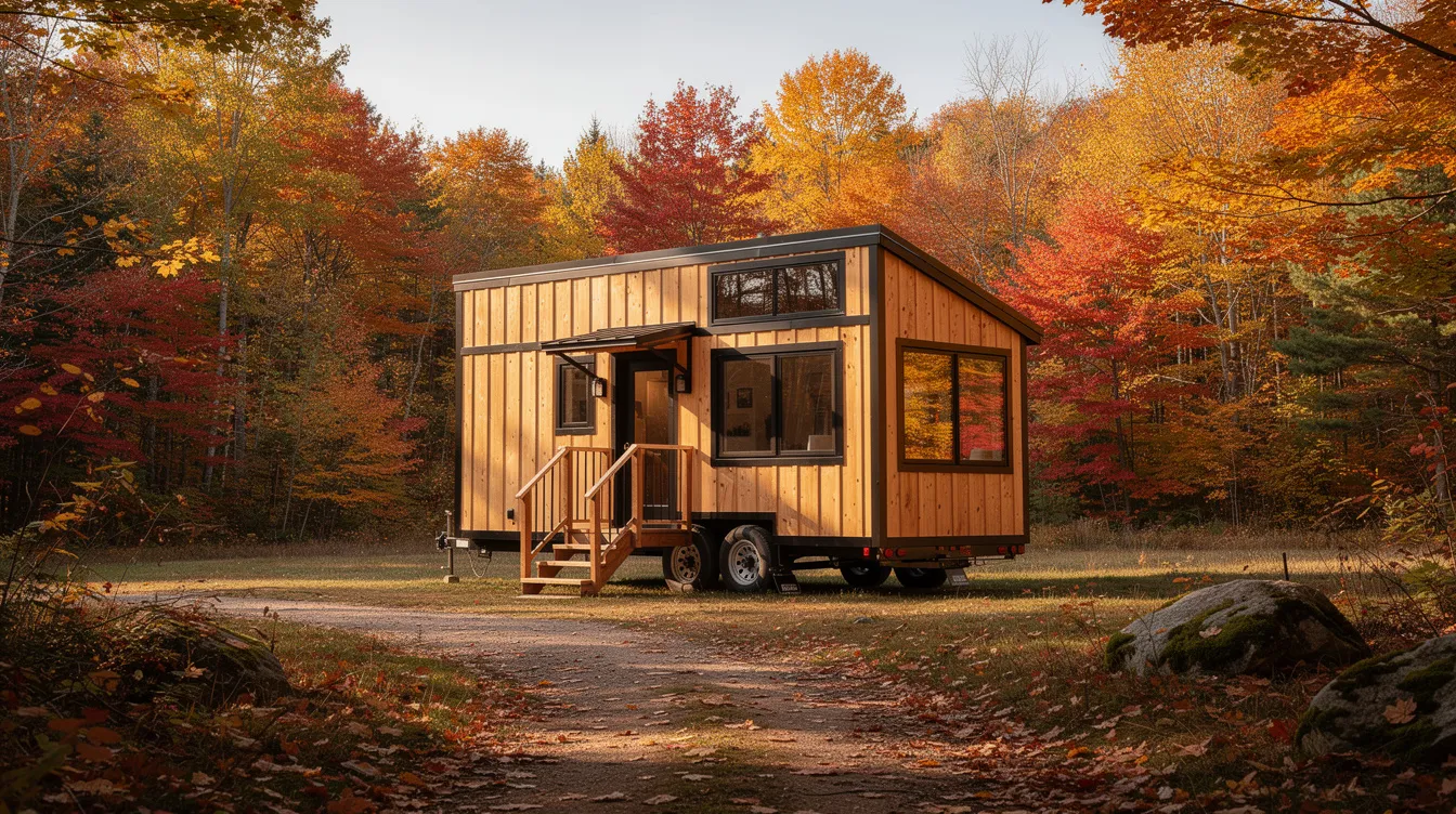 C9903ab27ddb4710a521cd82862924f0 A small wooden tiny house on wheels is nestled in a Vermont forest clearing surrounded by vibrant autumn foliage This custom tiny home model showcases the beauty of the tiny house movement emphasizing smart design and a connection to nature