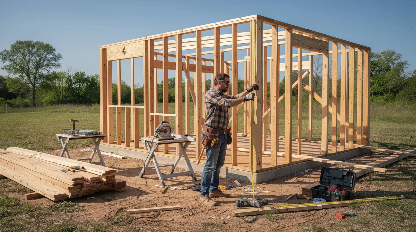 Cb558abdb6fc494d9dcfa54be07f4c75 A person is actively working on the wooden frame construction of a tiny house surrounded by various tools that suggest the process of building a small home The image highlights the craftsmanship involved in tiny house living emphasizing the structure's foundation and walls.