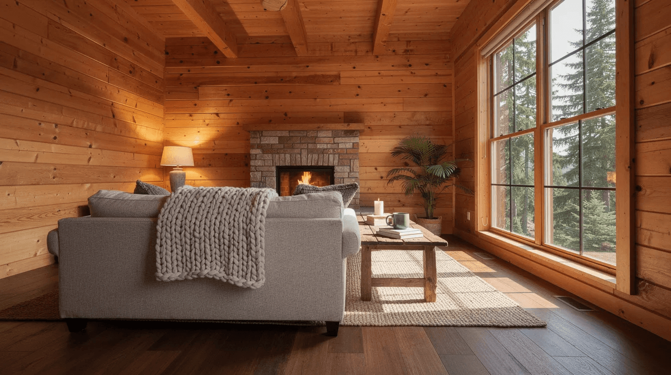 The image showcases a cozy cabin interior featuring warm pine walls and hardwood floors illuminated by natural light streaming through large windows This inviting space highlights the charm and craftsmanship typical of Amish built cabins perfect for those seeking a comfortable and energy efficient retreat