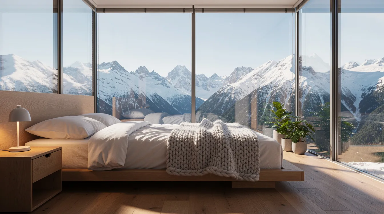 Cd1b910a69b749ce830d10d55ad3b71f The image depicts the interior of a glass tiny house featuring a cozy bed positioned to face stunning views of snow covered mountains through expansive floor to ceiling windows creating a serene and luxurious atmosphere immersed in nature The design emphasizes compact living while providing an inviting space for guests to relax and enjoy the amazing landscape