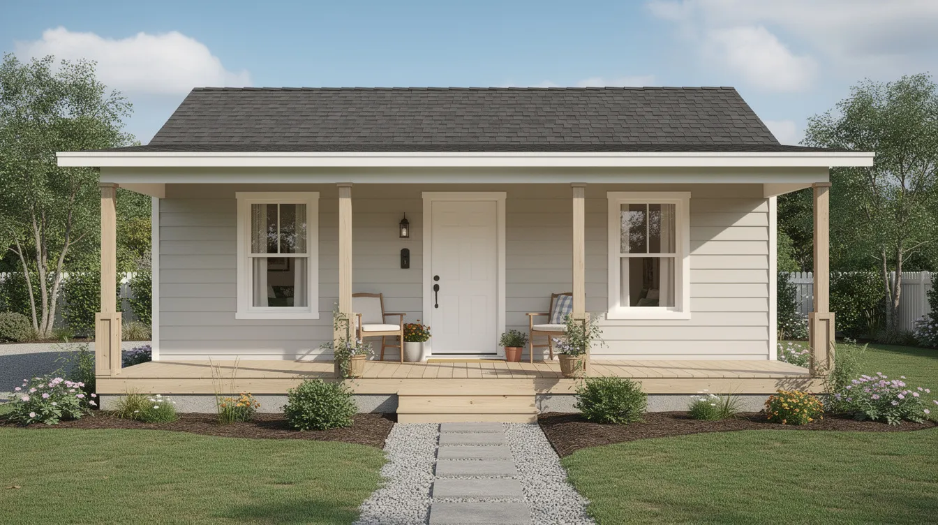 Cd329164174d44a1b37927eb45796962 The image features a quaint single story cottage with a covered porch surrounded by simple landscaping that enhances its curb appeal This tiny house exemplifies a cost effective option for those interested in tiny home living emphasizing a sustainable lifestyle with a smaller footprint