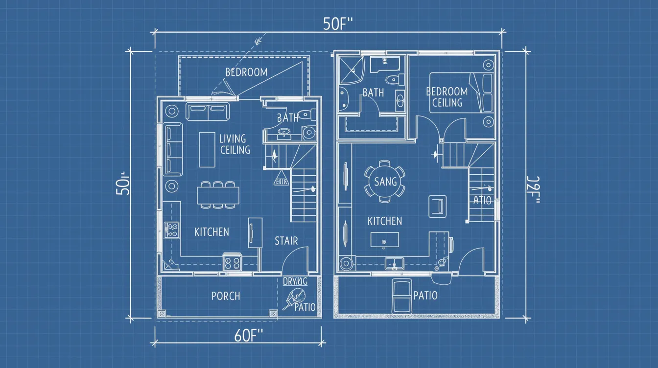 Ce99ab77b92145b6a3410bdd5abed34b The image showcases a top down blueprint of a two story small house plan designed for narrow lots measuring 24 26 feet wide The layout features an open floor plan that maximizes functional living space with large windows for natural light a cozy porch and innovative storage solutions throughout the compact design