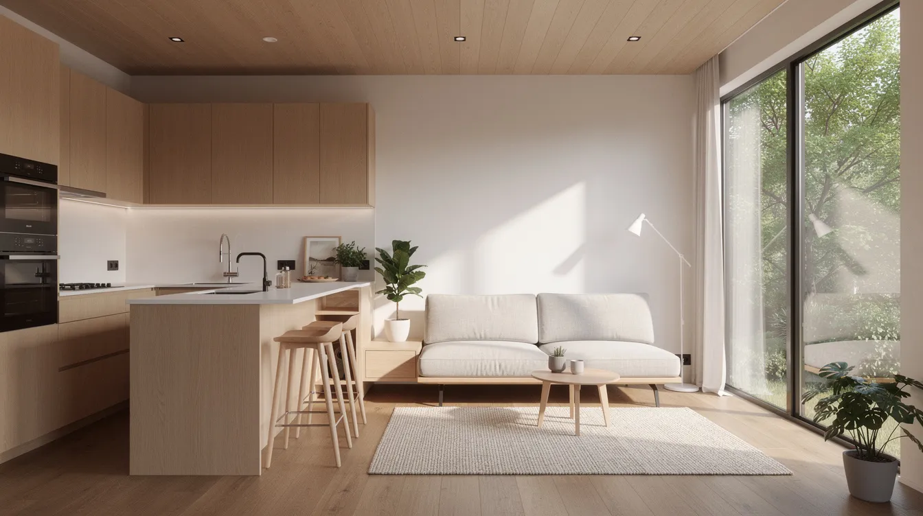 D1a9c5811bae47c499bb4d5a80e2a492 The interior of a modern tiny house features an open plan kitchen and living area adorned with wooden finishes and large windows that invite natural light This eco friendly space exemplifies the appeal of tiny living combining sustainability with comfort and style