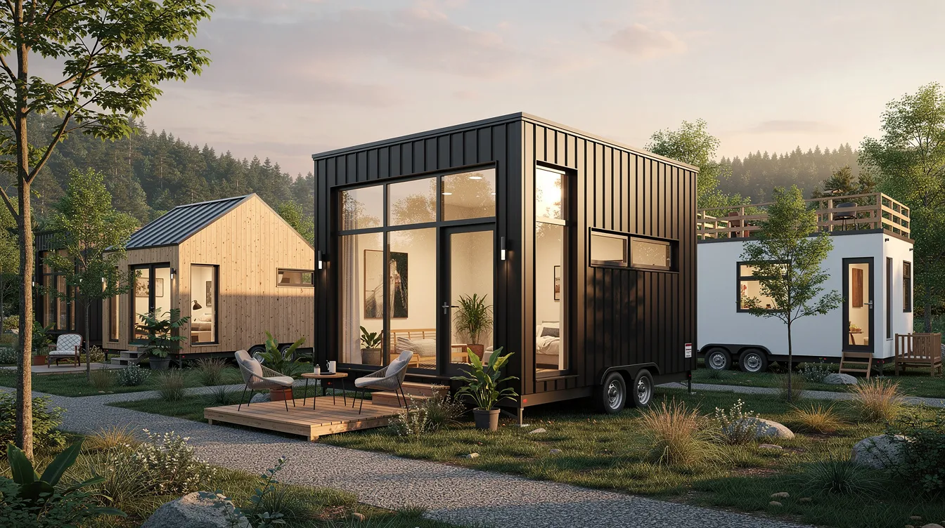 D2e70a75f9e245a99cff9a94e7387c16 The image showcases a collection of prefab tiny homes each designed to maximize minimal space while providing enough room for comfortable living These small houses feature natural light filled interiors functional layouts and cozy outdoor porches making them ideal examples of affordable and efficient living spaces