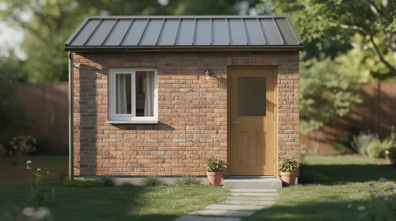 D62f7a6c76f644948359fa05fa801fc5 A charming brick tiny house features a cozy exterior with a metal roof inviting natural light into its one bedroom interior The layout includes a comfortable living space a small dining area and a well designed kitchen perfect for a practical and stylish tiny home life