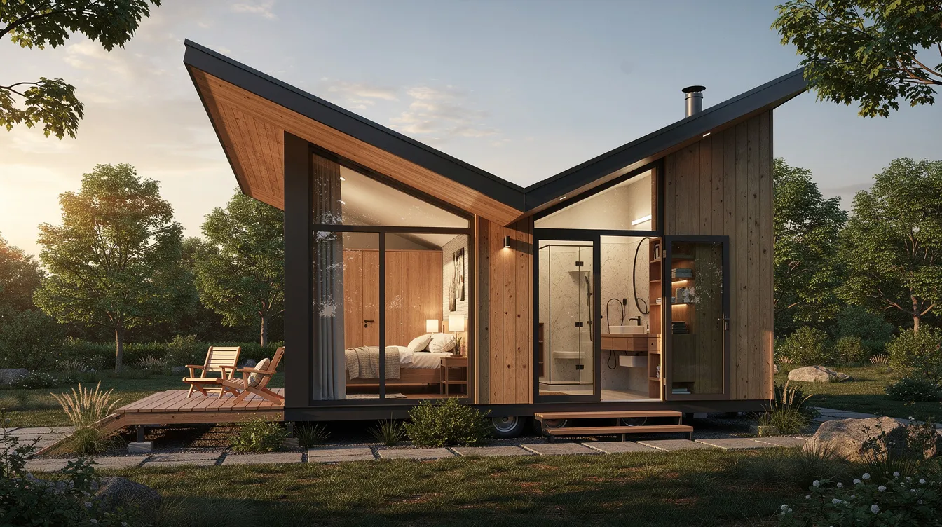 D81ead978d2040448599de20c4358cf1 The image showcases The Lux tiny home featuring a distinctive butterfly roof that adds to its striking silhouette Inside the cozy single level living design includes a comfortable bedroom a full bathroom with a rain shower and a complete coffee bar all flooded with natural light from a massive skylight