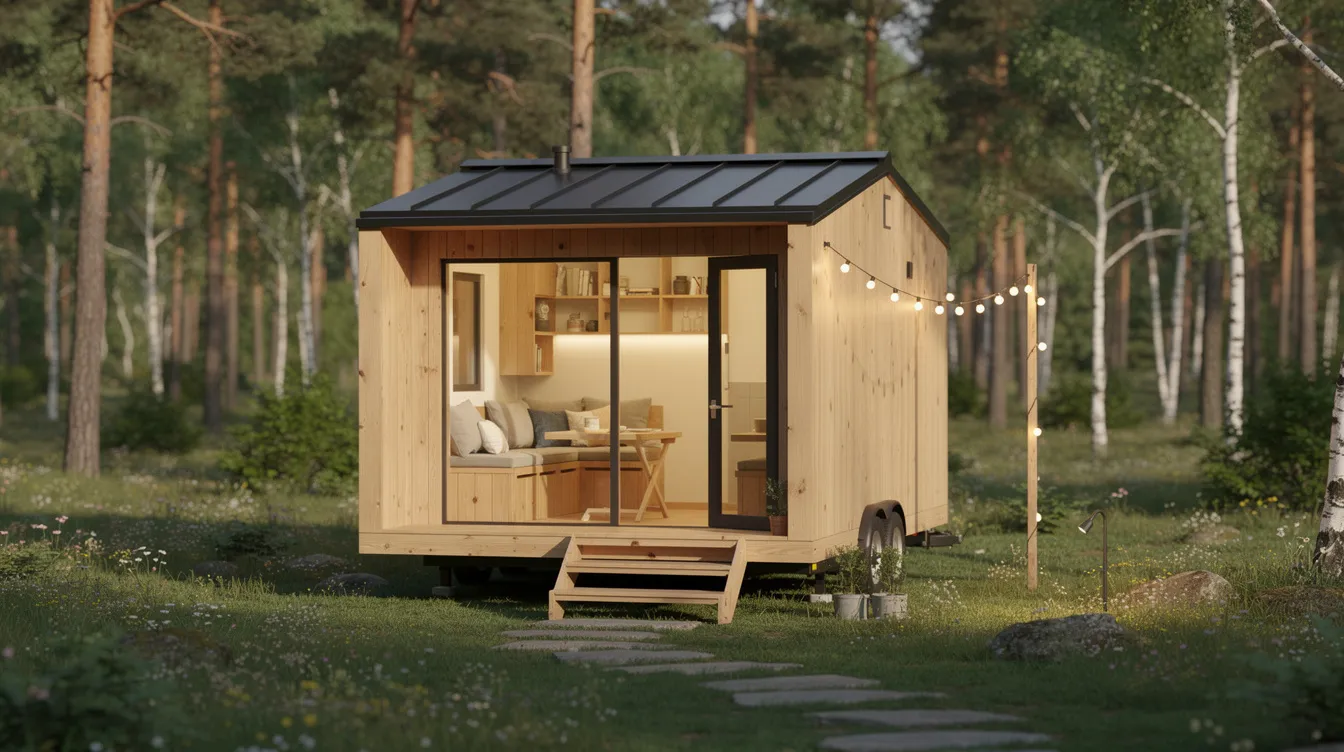 D8e0069567d94c5a8bc02661acf1cd51 An ultra tiny house showcases a compact living space designed for efficiency featuring clean lines and smart storage solutions This tiny home includes a loft bedroom a compact kitchen with essential appliances and a bathroom with a composting toilet perfect for those embracing the tiny house movement and low maintenance lifestyle