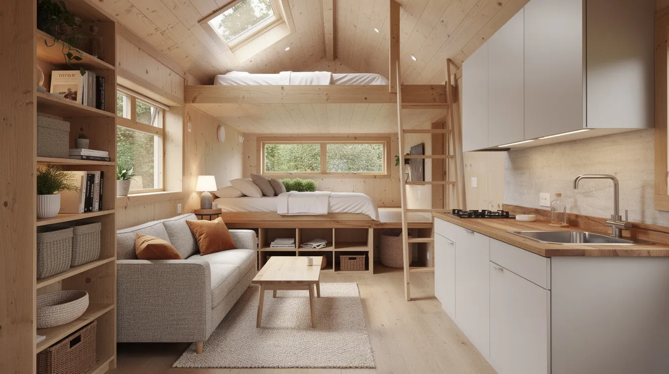 D9a29b9857bd4a7caee898974b007e1b The image depicts the interior of a spacious tiny house featuring a cozy living area with stylish furniture and a loft bedroom above showcasing the efficient use of space typical in tiny house living This design exemplifies the comfort and functionality that tiny homes can offer making them an appealing option for those seeking a simplified lifestyle