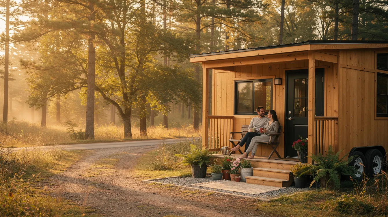 Da49aaa570794efa86bdf0bd408b1a3d A cozy retreat this tiny home is parked on a serene wooded rural property where a couple enjoys their morning coffee on a charming covered porch embodying the freedom and comfort of tiny home living The scene captures a peaceful lifestyle perfect for those looking to explore the joys of homeownership in a beautiful natural setting