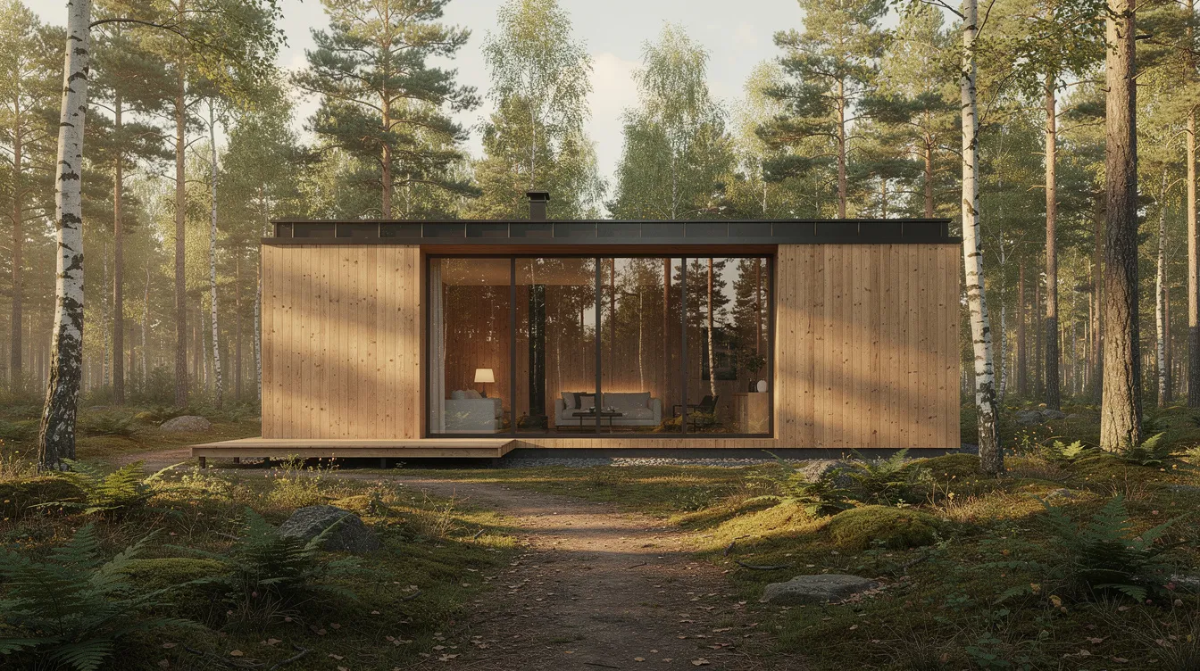 Dceffb9be2bd4944a5fd197a0a230663 A modern timber cabin built using sustainable materials and featuring large windows that reflect the surrounding forest is nestled in a serene clearing This energy efficient home showcases structural insulated panels emphasizing its high insulation value and zero energy capabilities making it a perfect example of a sustainable and eco friendly design