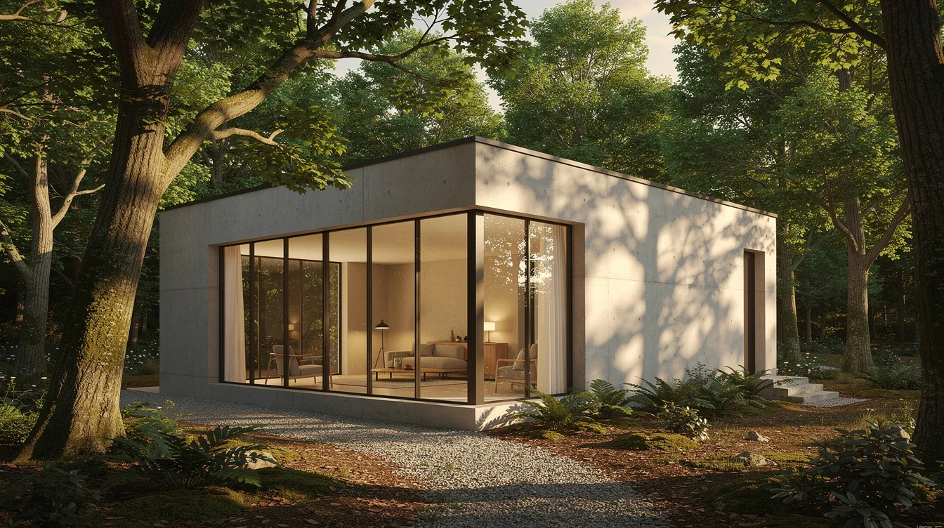 Dcf138b2296b477fbbb0803c2513cb49 A small modern concrete home utilizing insulated concrete forms ICF for energy efficiency features large windows and is surrounded by lush trees creating a serene atmosphere This tiny home showcases a tight building envelope that enhances durability and reduces energy costs