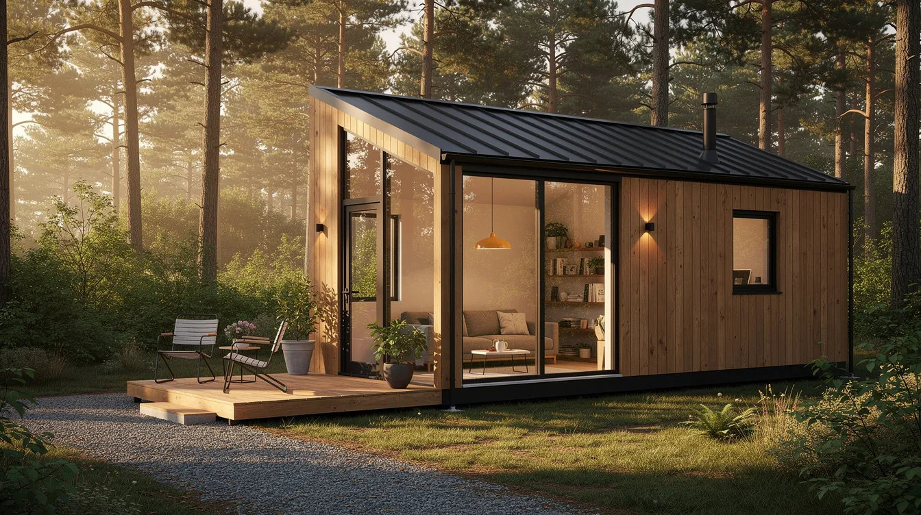 Dcfa203cc14d4b19b3c4dc5e44471998 The image depicts a charming tiny house nestled within a historic botanical garden in Philadelphia's Germantown, surrounded by lush trees and a peaceful environment. This tiny house of happiness embodies sustainable living, offering a cozy space for guests to enjoy meaningful lives and connect with nature.