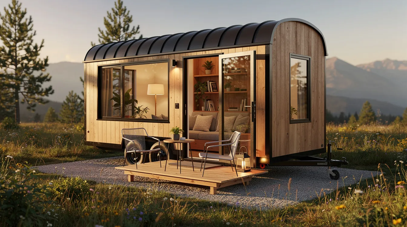 Dd5bafddad4041579847f23e33a4d932 The image showcases the Nugget tiny home a modern tiny living space featuring a sleek design with pine siding and a metal roof Inside it includes a cozy lounge area a compact kitchen with a hickory butcher block countertop and copper faucet as well as a bathroom equipped with a composting toilet and shower making it ideal for full time living or a weekend getaway