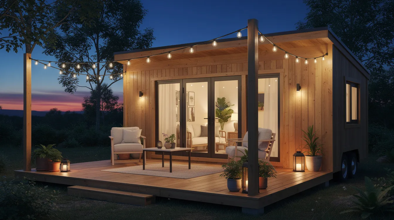 De060ec6975e467ca67ac8fba35daf85 A cozy tiny house with a wooden deck features outdoor seating and string lights creating a warm ambiance at dusk This inviting space exemplifies tiny living perfect for enjoying quality time in a clutter free environment