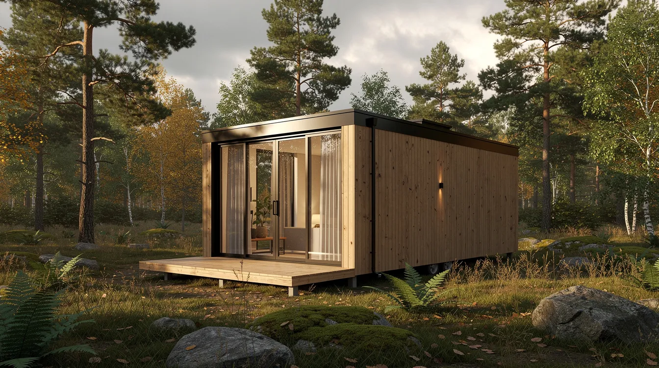 De6467f0f8f24faaa50f74c4b8e351ea The image showcases a modern tiny home with sleek cedar siding and expansive glass panels nestled in a serene natural setting This alpha tiny house features a welcoming deck and ample natural light creating a cozy yet stylish living space